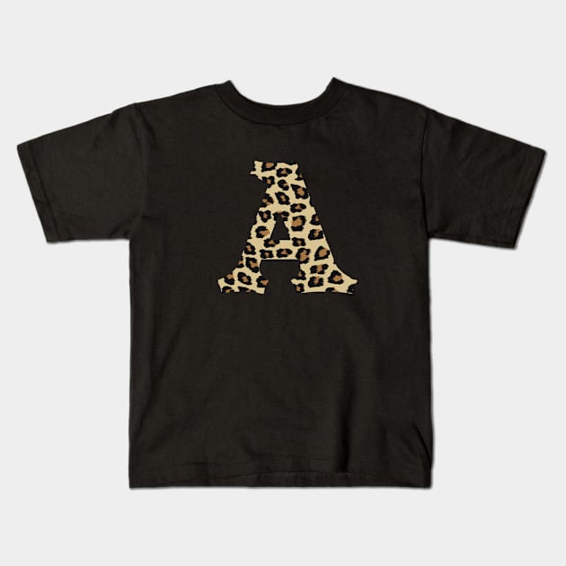 Letter A Leopard Cheetah Monogram Initial Kids T-Shirt by squeakyricardo